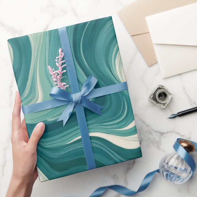 Våg Teal Aqua Rörelse Vit Abstrakt Mönster Presentpapper (Gifting)