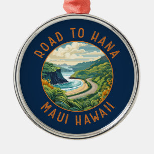 Väg till Hana Maui Hawaii Retro Distress Circle Julgransprydnad Metall