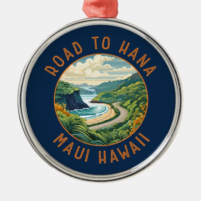 Väg till Hana Maui Hawaii Retro Distress Circle Julgransprydnad Metall (Framsidan)