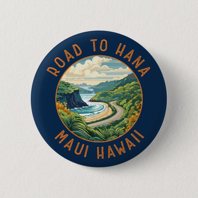 Väg till Hana Maui Hawaii Retro Distress Circle Knapp (Framsida)