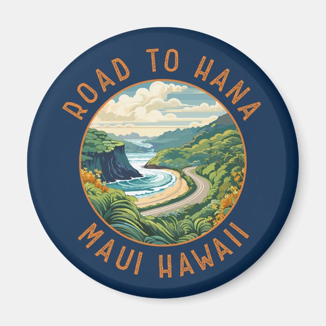 Väg till Hana Maui Hawaii Retro Distress Circle Magnet (Framsidan)