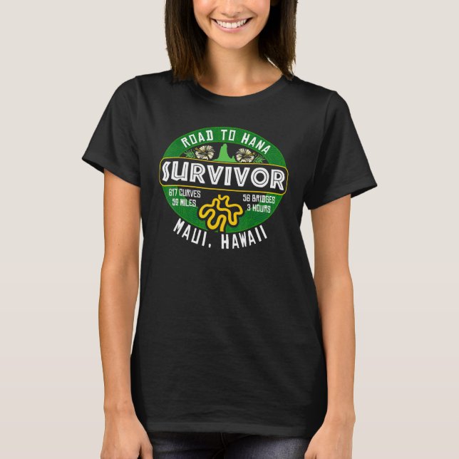 Väg till Hana Survivor Curvy Handflatan Maui Hawai T Shirt (Framsida)