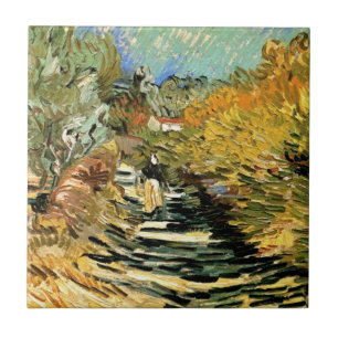 Väg vid Saint-Rémy med figur av Vincent van Gogh Kakelplatta