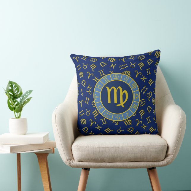 Våg Zodiac+Astrology Symbols Mönster Guld+Blues Kudde (Stol)