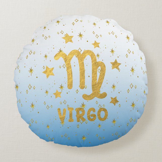 Våg Zodiac Blue och Guld Round Pillow Rund Kudde (Framsidan)