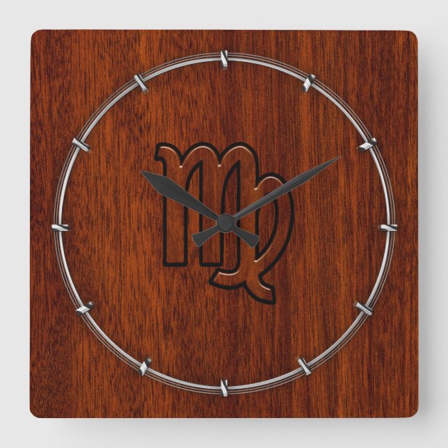 Våg Zodiac Logga in Mahogany wood stil decor Fyrkantig Klocka (Framsida)