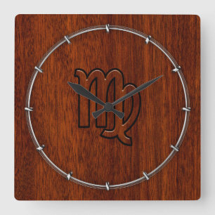 Våg Zodiac Logga in Mahogany wood stil decor Fyrkantig Klocka