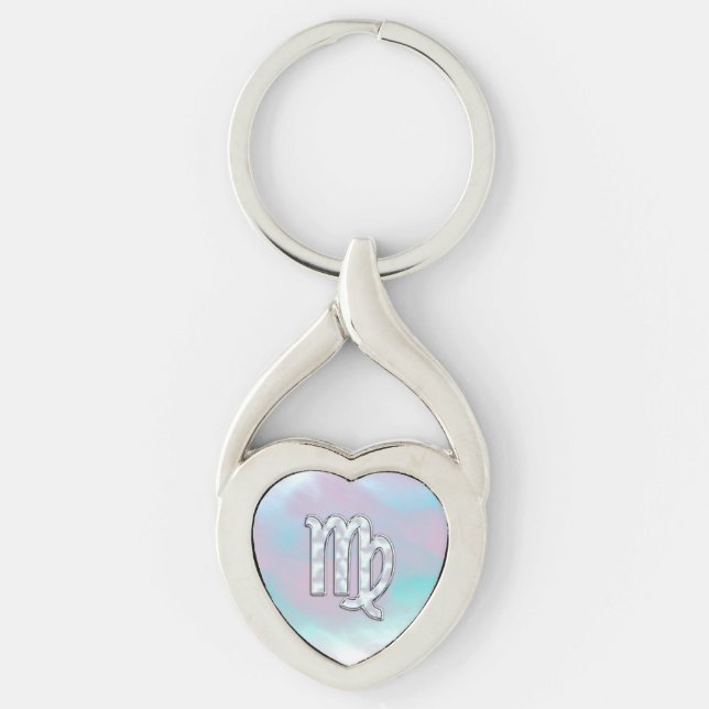 Våg Zodiac på Pastels Nacre Mor i Pearl Twisted Heart Silverfärgad Nyckelring (Framsidan)