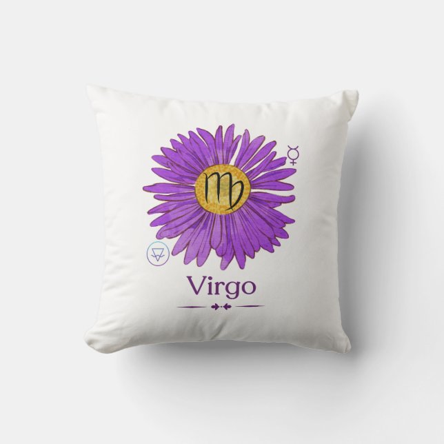 Våg Zodiac Sign Dekorativ kudde Lila Aster Flower (Framsida)