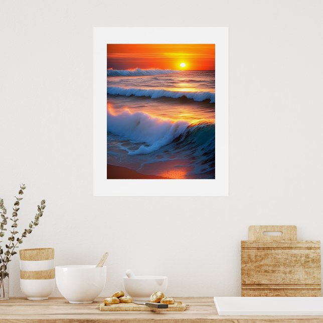Vågar i havet med solnedgång poster (Kök)