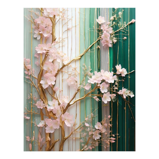 Vägg med blommande körsbärsblommor  fototryck (Framsidan)