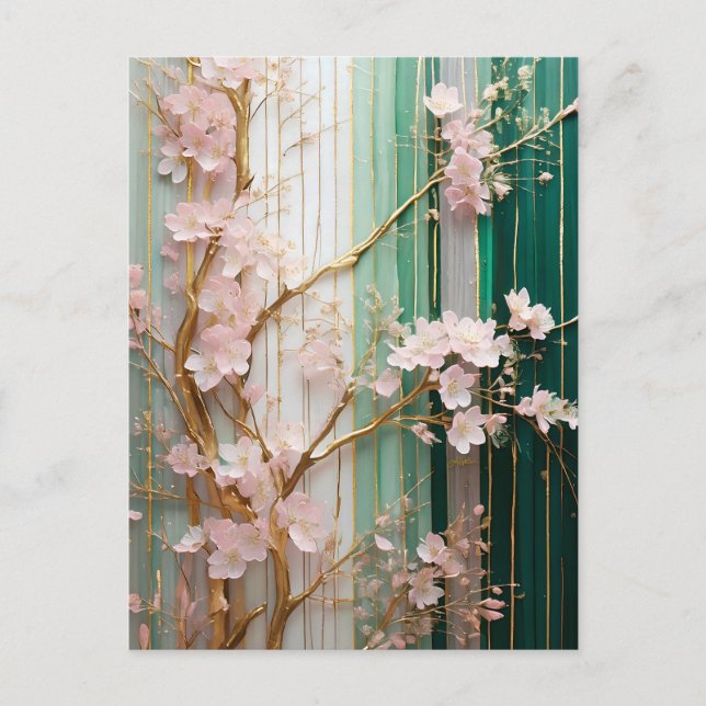 Vägg med blommande körsbärsblommor  vykort (Framsida)
