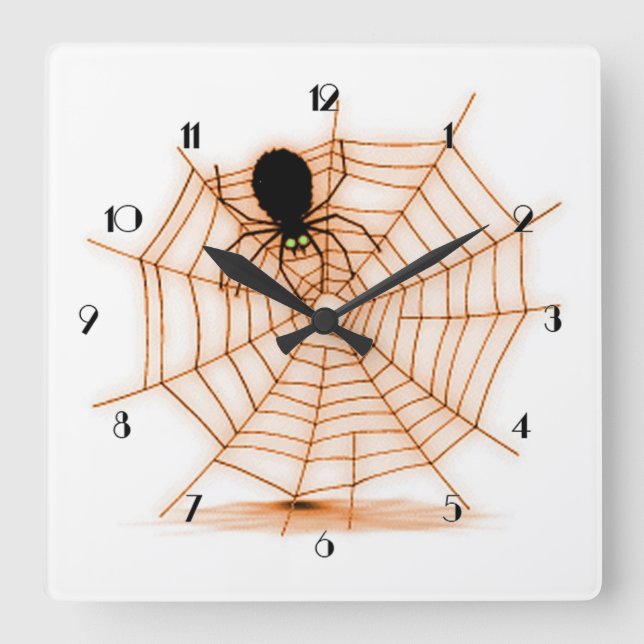 Väggen för den orange- & vitHalloween spindelnätet Fyrkantig Klocka (Framsida)