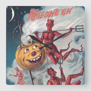 Väggen för vintageHalloween djävulen tar tid på Fyrkantig Klocka