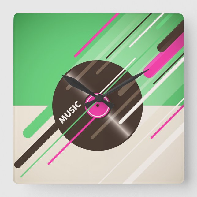 Väggklocka för vinylpost (A colorful clock design featuring a vinyl record with bold "Music text!)