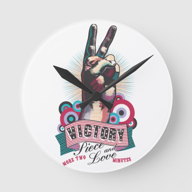 Väggklocka – Victory Peace & Love Pop-Art Design (Framsida)