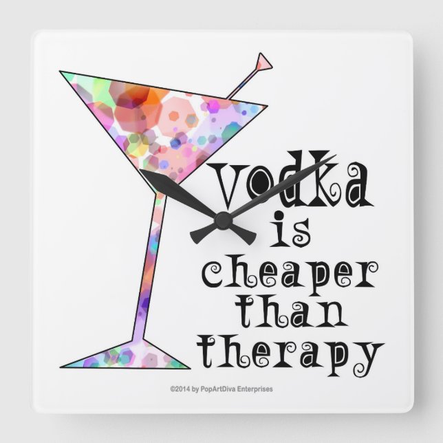 VÄGGKLocka, Vodka är billigare än terapi Fyrkantig Klocka (Framsida)