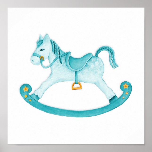 Väggkonst i akvarell av gunghäst för barnkammare (Framsidan)
