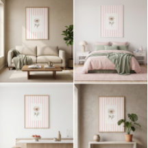 Väggkonsttryck med rosa ränder och akvarellros