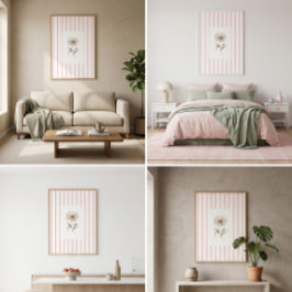 Väggkonsttryck med rosa ränder och akvarellros poster