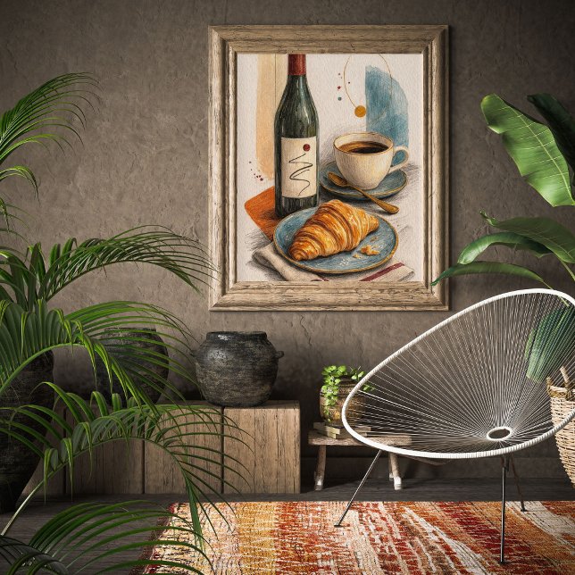 Väggkonsttryck med vinflaska, kaffe och croissant poster (Skapare uppladdad)