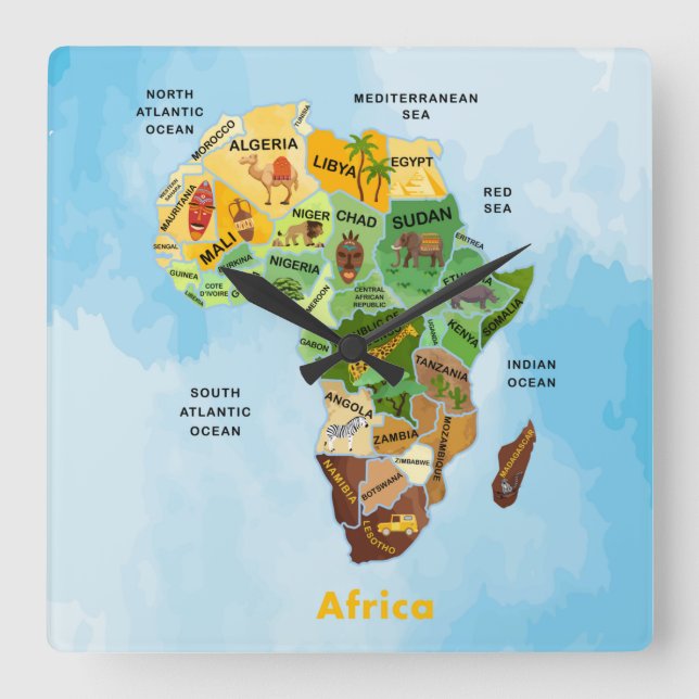 Vägglås för afrika Karta Fyrkantig Klocka (Framsida)
