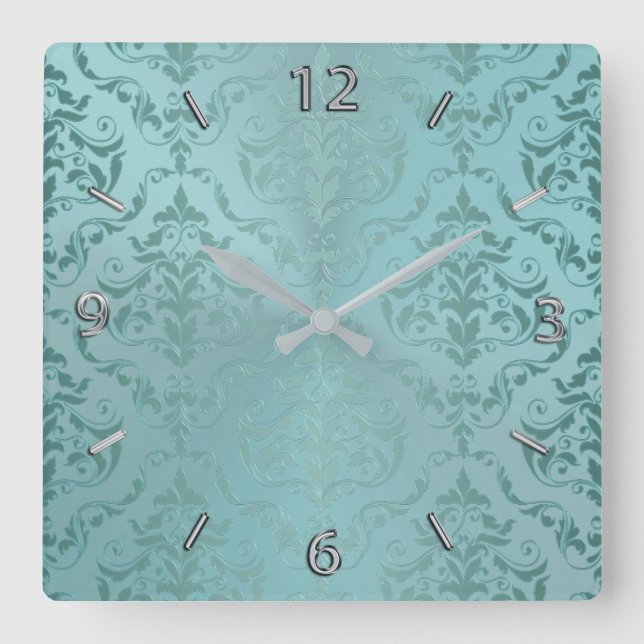Vägglås för Aqua Antique Vintage Damask Fyrkantig Klocka (Framsida)