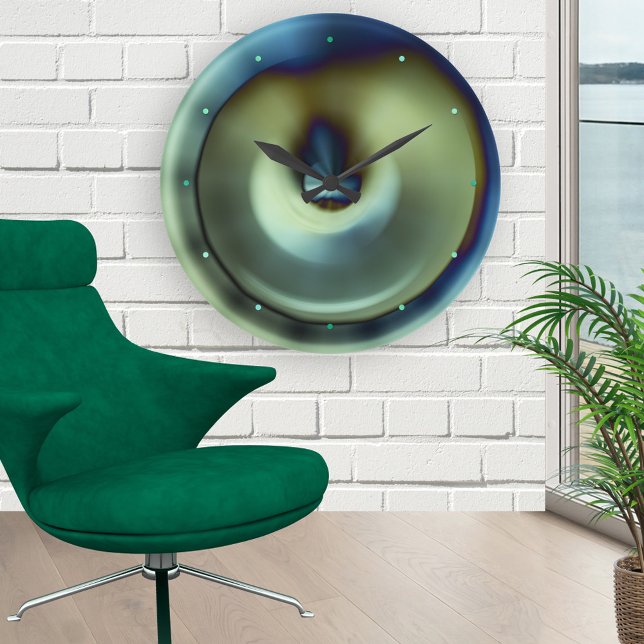 Vägglås för blå skalad modern Abstrakt design Rund Klocka (Modern wall clock featuring an original abstract design in green, teal and pale turquoise colors)