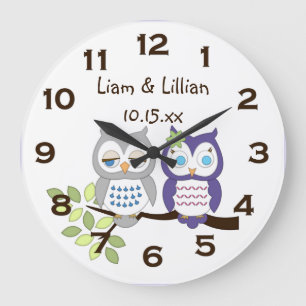 Vägglås för Cute Whimsical Uggla Twillingar Clock Stor Klocka
