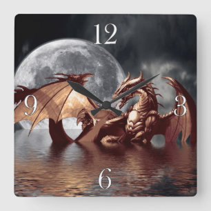 Vägglås för Dragon & Måne Fantasy Fyrkantig Klocka