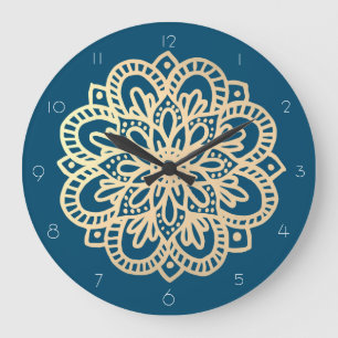 Vägglås för Elegant Navy Blue Guld Mandala Stor Klocka