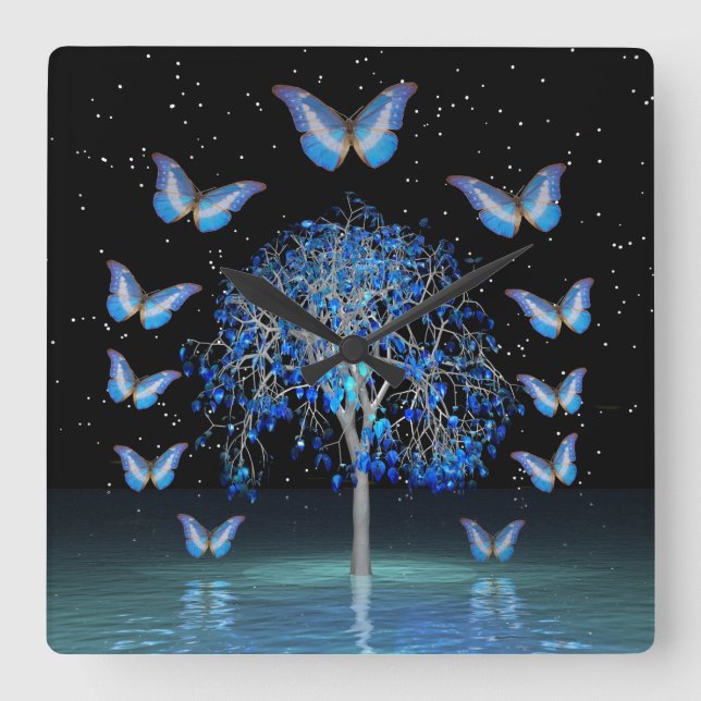 Vägglås för fjäril Crystal Träd Fyrkantig Klocka (Framsida)