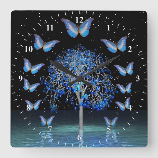 Vägglås för fjäril Crystal Träd Fyrkantig Klocka (Framsida)