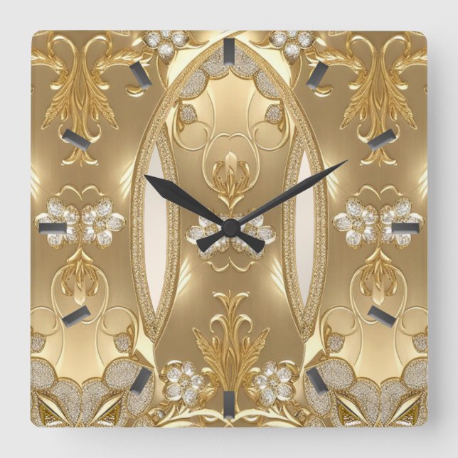Vägglås för guld Blommigt Fyrkantig Klocka (Framsida)