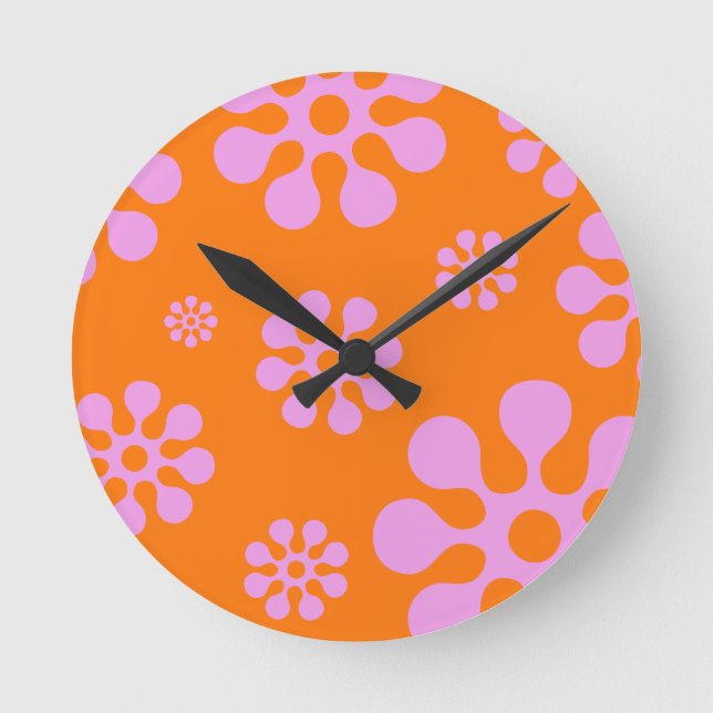 Vägglås för Retro-Orange och Rosa Blommigt Rund Klocka (Framsida)