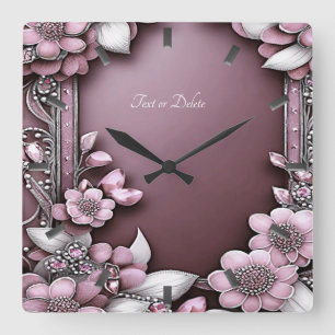 Vägglås för rosa Blommigt Fyrkantig Klocka