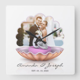 Vägglås för Seashell Ringar Photo Bröllop Fyrkantig Klocka