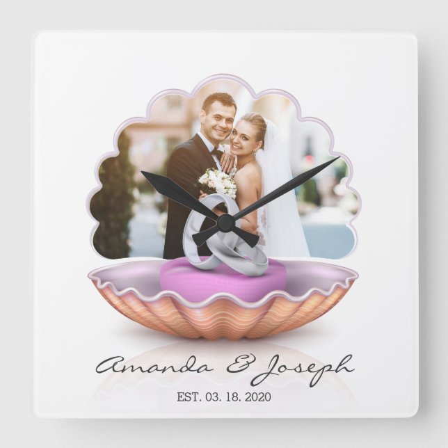 Vägglås för Seashell Ringar Photo Bröllop Fyrkantig Klocka (Framsida)