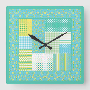 Vägglås i kvadrat: Daffodil Faux-Patchwork Fyrkantig Klocka