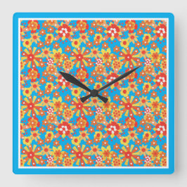 Vägglås, Orange Flowers, Blue Gräns Fyrkantig Klocka