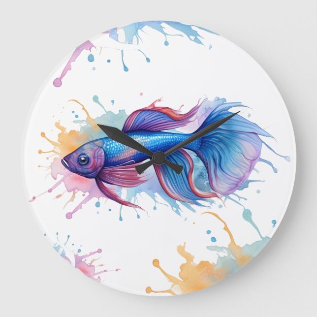 Vägglås - Vattenfärgsserie: Betta Fish Stor Klocka (Framsida)