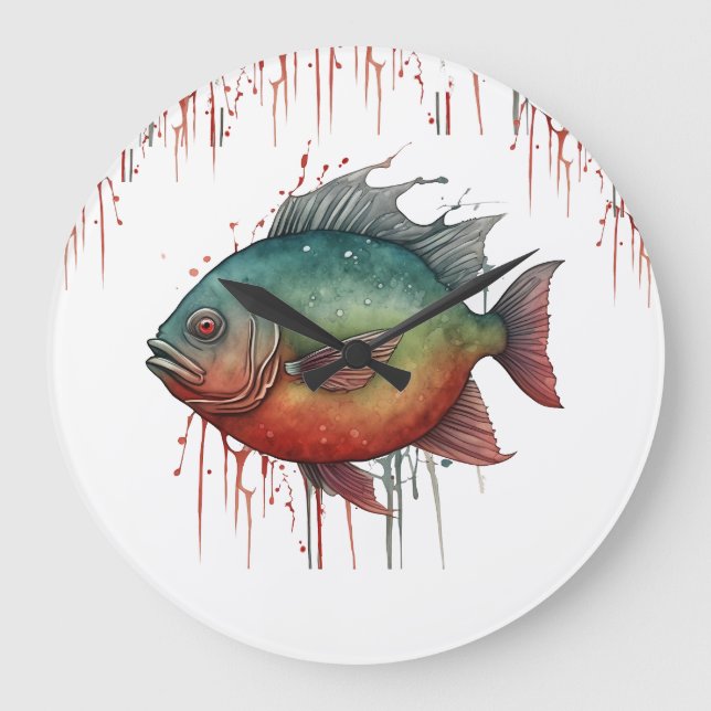 Vägglås - Vattenfärgsserie: Piranha Stor Klocka (Framsida)