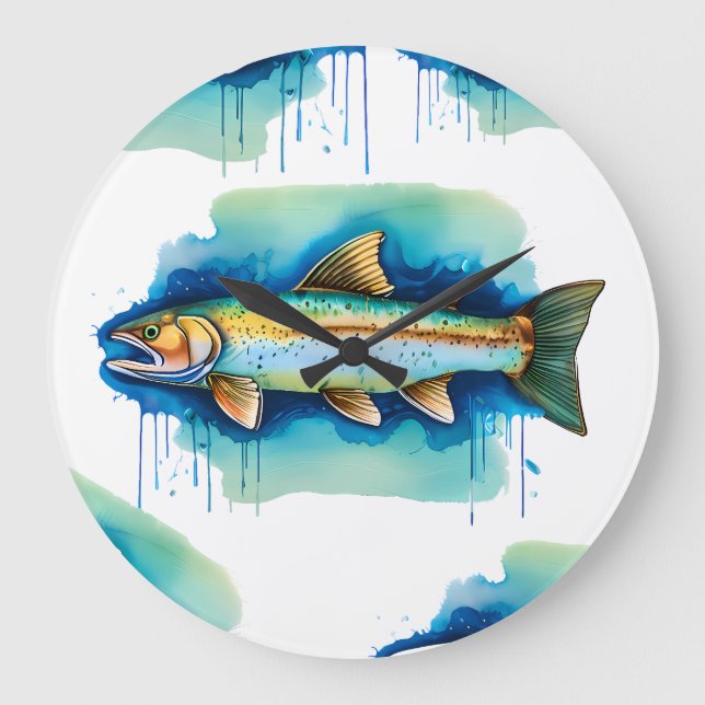 Vägglås - Vattenfärgsserie: Trout/Salmon Stor Klocka (Framsida)