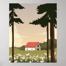 Väggplanscher skogslandskap, hus i skogen,
