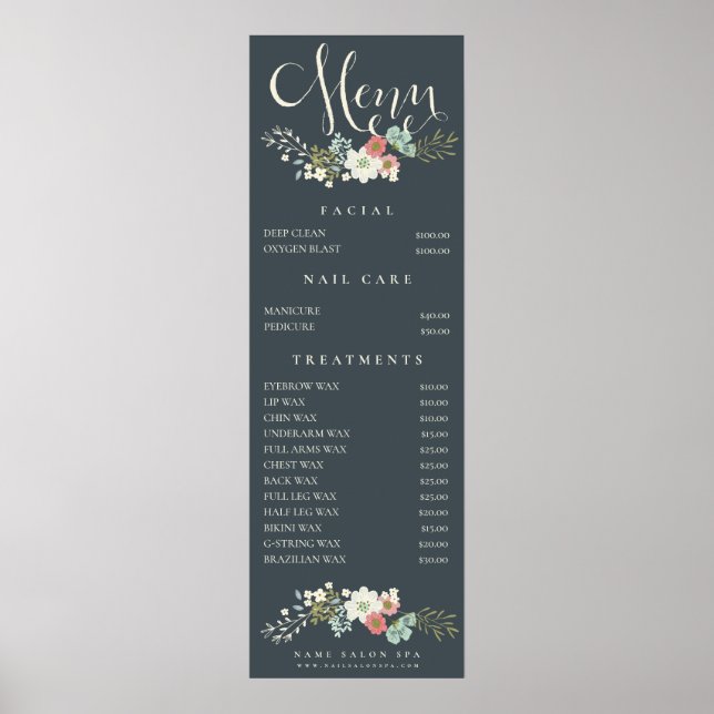 Väggtryck Spa Salong Skönhetssalong Meny Prislista Poster (Framsidan)