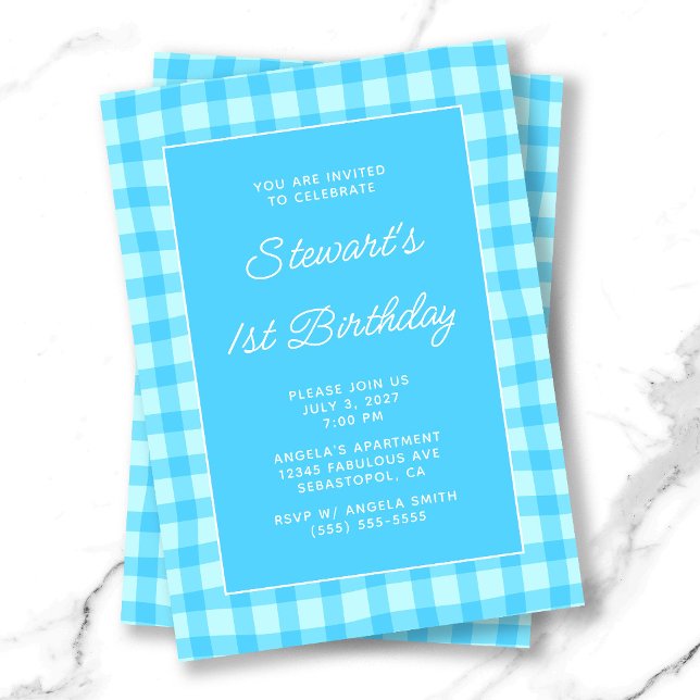Vågig Blå Sommar Gingham Djärv 1-årsfest Inbjudningar (Wavy Blue Summer Gingham Bold 1st Birthday Invitation)