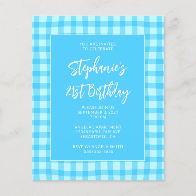Vågig Blå Sommar Gingham Djärv 21-årsdag Flygblad (Framsidan)