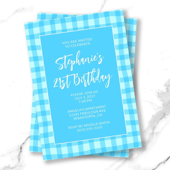 Vågig Blå Sommar Gingham Djärv 21-årsdag Inbjudningar (Wavy Blue Summer Gingham Bold 21st Birthday Invitation)
