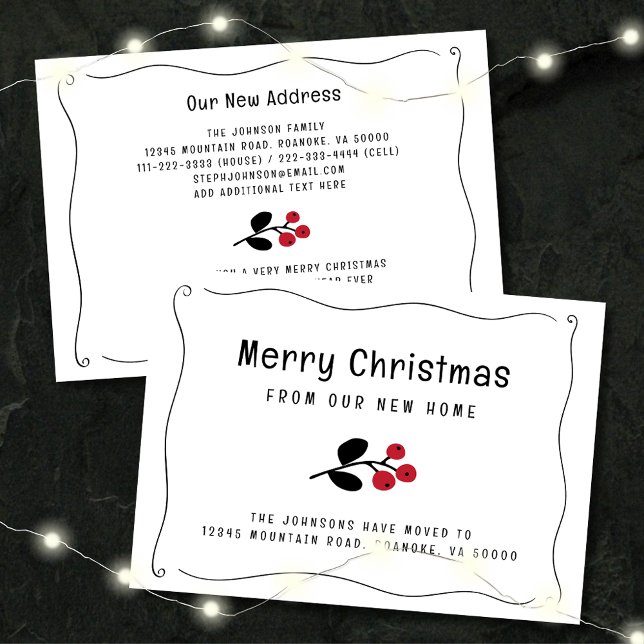 Vågig kant röda bär semester rörlig meddelande (Zazzle Wavy Border Red Christmas Berries Holiday Moving Announcement Flat Card)