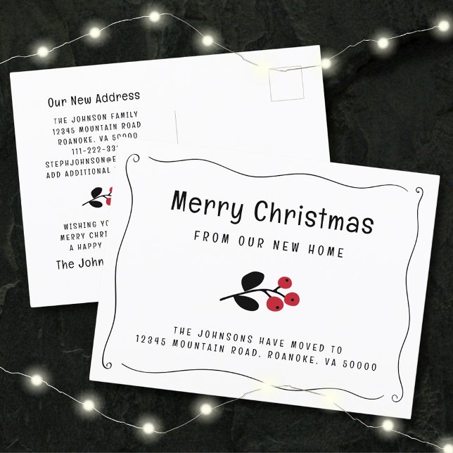 Vågig kant röda bär semester rörlig meddelande vykort (Zazzle Wavy Border Red Berries Holiday Moving Announcement Postcard)